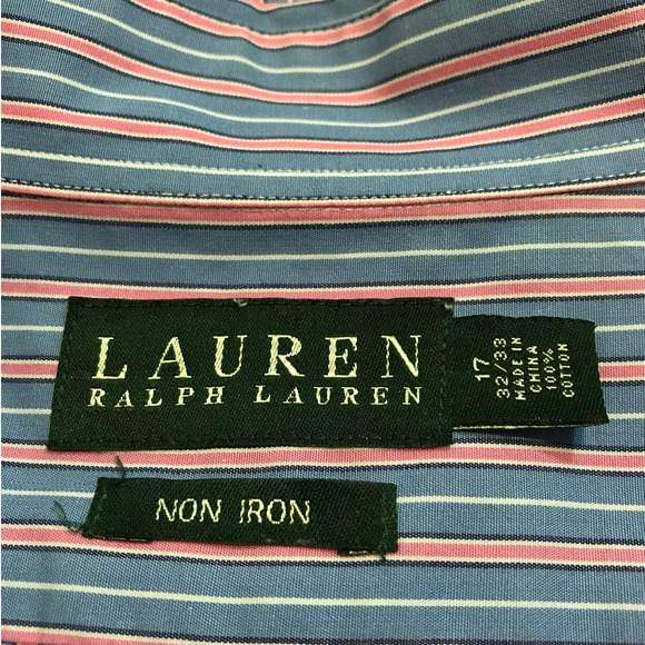 Lauren Ralph Lauren Men's Non-Iron Shirt in Blue w/Red Stripes, Size 17 - 32/33 - Picture 4 of 5